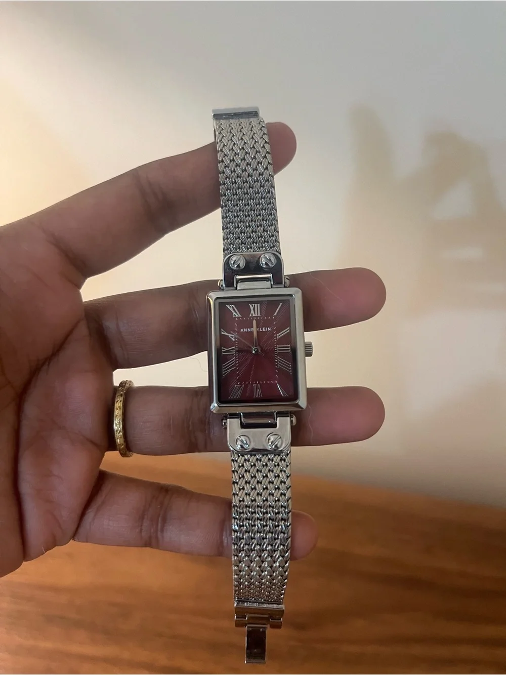 Anne Klein Silver Mesh Bracelet Watch with Red Dial- RARE!